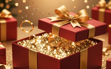 Golden rings tumble from open red gift box, glittering festive scene.