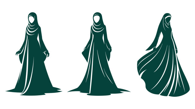 Elegant Muslim Woman in Hijab and Flowing Abaya Gown Set   Modern Islamic Modest Fashion Silhouette Vector Illustrations