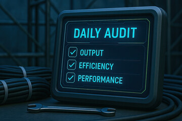 Futuristic digital display showing daily audit checklist with output, efficiency, and performance. Industrial setting reflects factory management, automation, or production quality control.