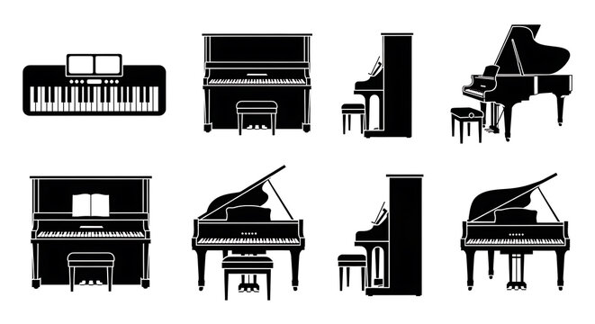 Grand piano and upright piano icon set isolated on white