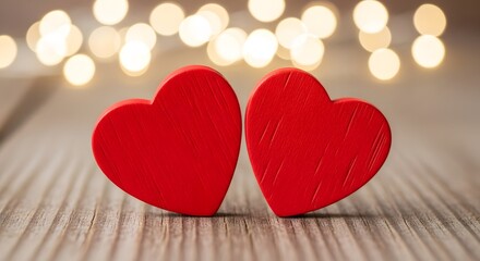 Fototapeta premium Two red hearts on a wooden surface with blurred lights in the background