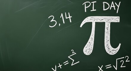 Green chalkboard displaying the Pi symbol, 3.14, and various mathematical formulas written in chalk, celebrating the Pi Day concept.