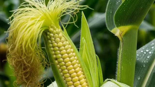 Corn plants growing in a field. The ears of corn are visible with fresh silk. Water droplets on leaves reflect the light. The growth process is clear and detailed