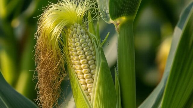 This captures each stage of corn growth. Observe the details of the corn plant as it matures, showing silk and kernels in natural light