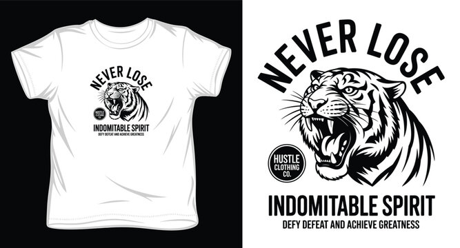 Never lose indomitable spirit roaring tiger head vector mascot with motivational circular badge