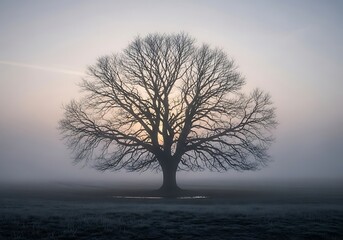 Obraz premium Silhouette of a tree in a misty landscape