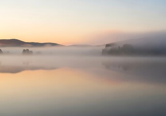 Obraz premium Misty lake at dawn with mountain background