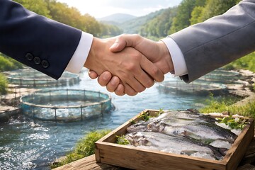Business Handshake Against river on fish Agricultural Partnership & Agreement.