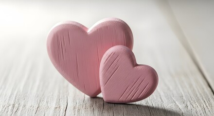 Fototapeta premium Two pink hearts leaning together on a wooden surface, a symbol of love and affection