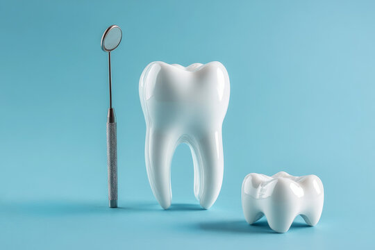 white tooth and dental tools on a blue background 