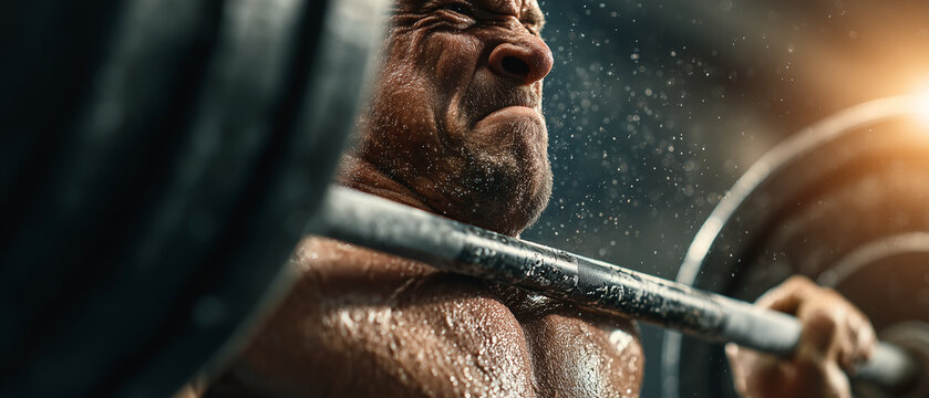 Close-up of a weightlifter straining during a heavy lift with sweat