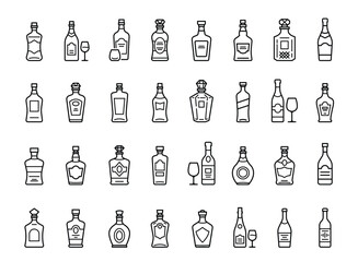 Luxury bottle and alcohol drink line icon set vector illustration.