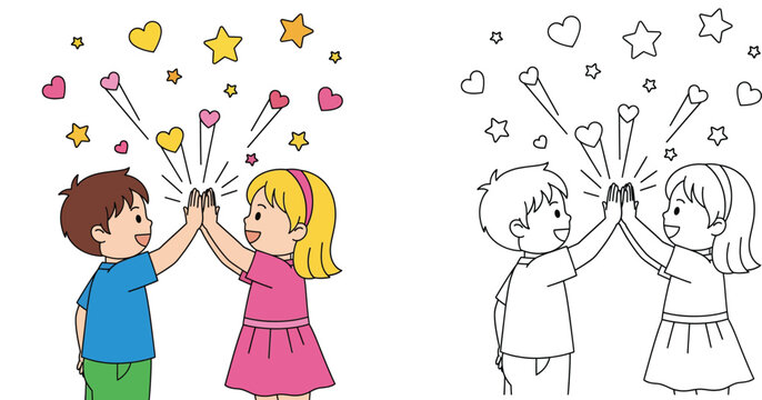 Happy kids giving high five with hearts and stars, vector illustration with coloring page outline and colored version.