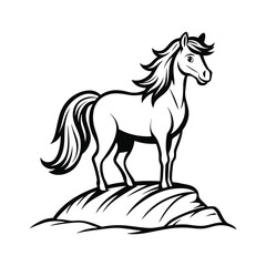 Obraz premium Majestic Standing Horse Vector Line Art Illustration on a Mound with Flowing Mane. 