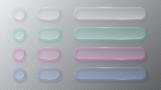 Color transparent glass buttons. Liquid glass design elements with morphism effect. Modern digital interface icons for web and app design with rounded frame and subtle shadow. Vector illustration.
