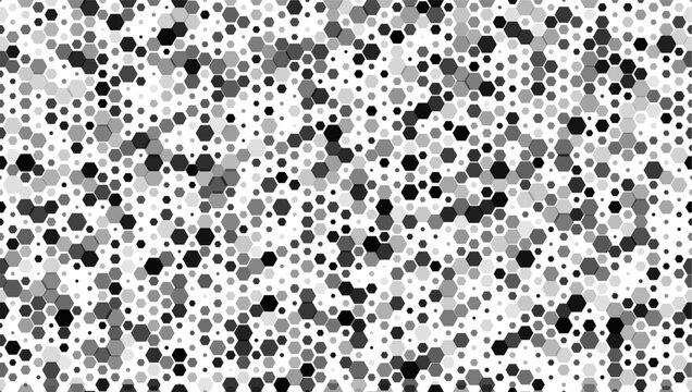 Honeycomb pattern background with random hexagonal shapes in grayscale. Abstract geometric texture with seamless layout and modern minimal style. Monochrome vector illustration.