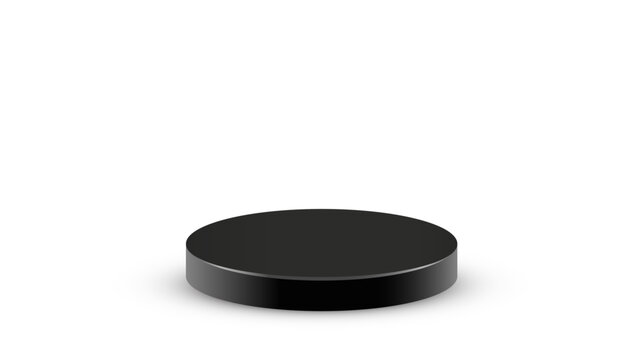 Black podium. Product display platform with soft gradient surface and smooth cylindrical shape on light background. Minimalist base, stage, showcase for mockup design. Modern vector illustration.