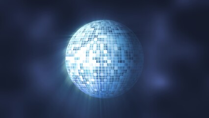 Abstract looped blue mirrored spinning round disco ball for discos and dances in nightclubs 80s, 90s luminous background