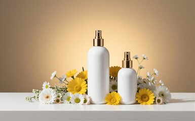 Two white spray bottles nestled among yellow and white flowers on a clean surface.