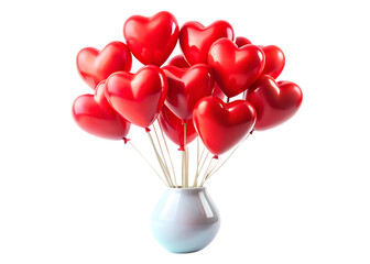 Red heart shaped balloons in white vase on black background