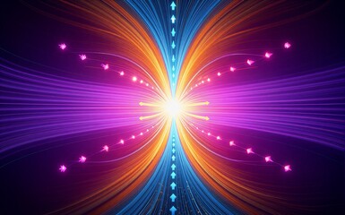 Vibrant cosmic rays burst from center, glowing purple orange blue trails streaking outward.