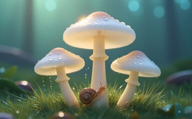 Three glowing mushrooms in dewy forest, snail crawls gently between them.