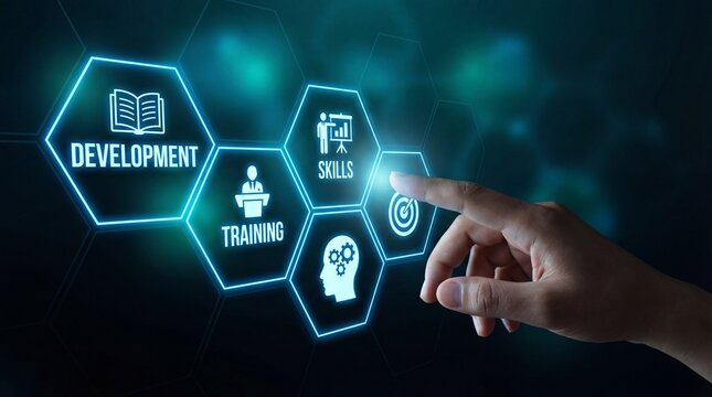 Hand Touching Digital Icons for Development, Training, Skills, and Goals on Futuristic Interface - Powered by Adobe