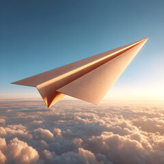 Paper plane soaring above golden clouds during sunrise, representing travel, exploration, imagination, and ambitious dreams