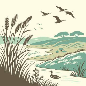 Stylized coastal marsh landscape with simplified vector reeds and calm water, serene natural environment.