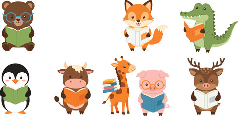 Cute cartoon animals reading books vector set with bear, fox, crocodile, penguin, cow, giraffe, pig and deer characters isolated on white background for kids education design © Galib