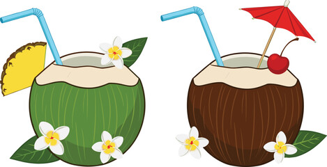Tropical coconut drink vector illustration with fresh green and brown coconuts, straws, flowers and cocktail garnish isolated on white background for summer and beach design