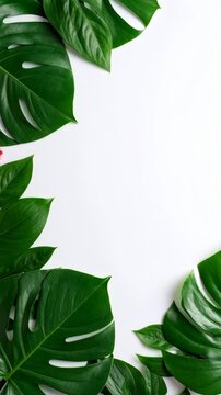 Tropical green monstera and philodendron leaves framing clean white background for text, banners, and product placement.