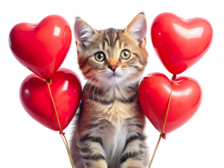 Kitten with heart shaped balloons on black background