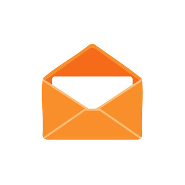 Open orange envelope with blank paper sheet for business communication or invitation card design against plain background