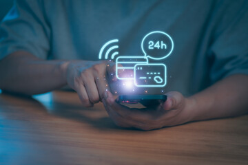 Online payment and mobile banking on smartphone with credit card icons. 24/7 service for digital finance, e-commerce, and wireless technology. Secure financial service transaction concept.