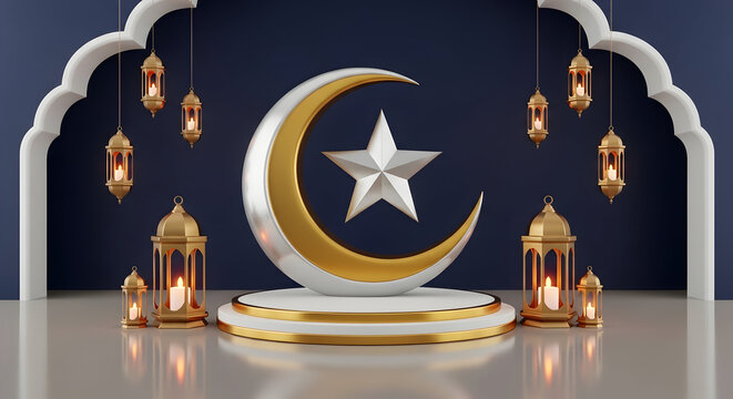Eid mubarak decorative crescent moon and star with lanterns