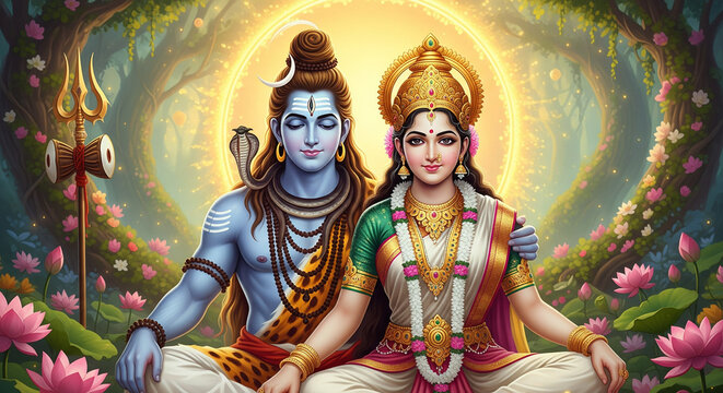 Shiva parvati divine couple illustration seated together with lotus garden golden aura trident and sacred harmony for maha shivaratri hindu spiritual devotion artwork