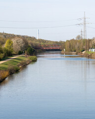 View of a river with trees, a bridge, and power lines in the background during daytime in a natural setting