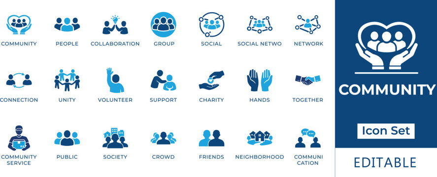 Community and social connection icon set featuring collaboration, volunteer work, charity, unity, public society, neighborhood, and collective support symbols for social networking.