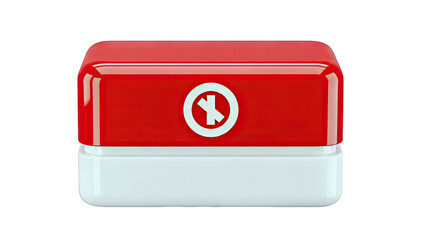 Red and white rubber stamp with circular arrow symbol