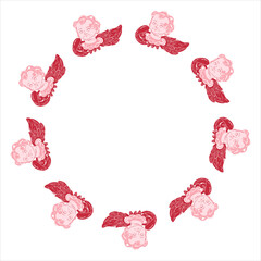 Cherub angel round frame for Valentine's Day and birthday. Hand drawn circle wreath with empty copy space. Vector illustration with cupid for cards, invitations, packaging, branding