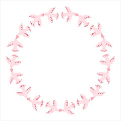 Pigeons with hearts round frame for Valentine's Day and birthday. Hand drawn circle wreath with empty copy space. Vector illustration with doves in love for cards, invitations, packaging, branding