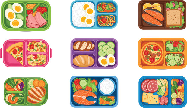 Healthy lunchbox meal vector set with balanced bento boxes, school lunches, protein, vegetables and fresh food portions isolated on white background for nutrition design