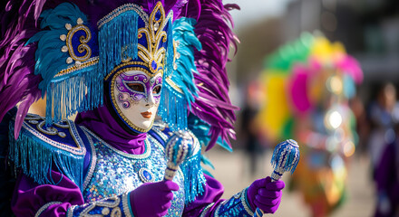 Obraz premium Vibrant Carnival Performer in Elaborate Costume - Perfect for Cultural Events and Festivals.