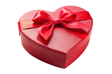 Red heart shaped gift box with ribbon bow on black background
