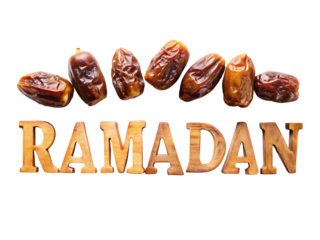 Dates and Ramadan text on black background wooden text