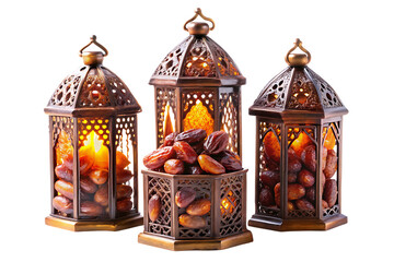 Three bronze lanterns with dates and lit candles inside