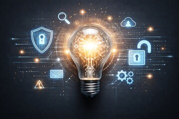 Technology innovation bulb top view, isolated on dark background.security vulnerabilities and unlocked key.