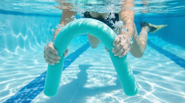 A woman forcefully bends a bright aqua pool noodle underwater in a swimming pool. Tension in her hands, rising air bubbles and motion blur create a dynamic scene of water exercise.
