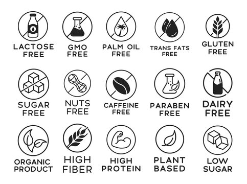Set Of Food Allergens Icon Badges Vector Design. Gluten free, Zero Sugar, Non Gmo, Plant Based, No Palm Oil.